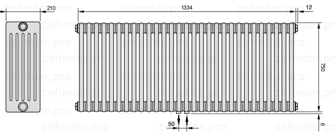 Схема (чертеж) Радиатор Zehnder Charleston 6075/29 №5410 Белый глянцевый RAL 9016